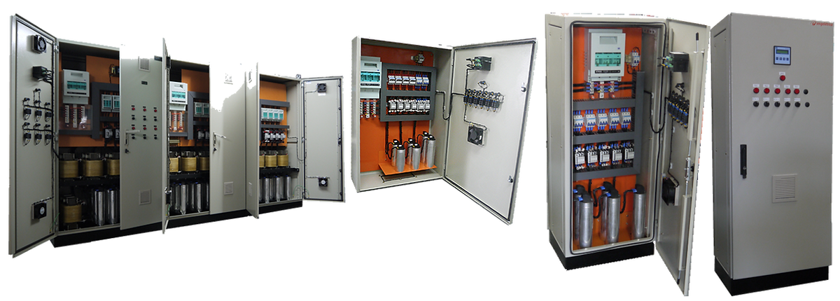 Painéis abertos de bancos de capacitores